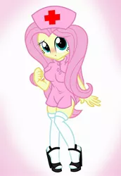 Size: 1376x2000 | Tagged: suggestive, artist:pyruvate, derpibooru import, fluttershy, equestria girls, adorasexy, blushing, breasts, clothes, cute, female, flutternurse, hello nurse, helloooooo nurse, high heels, nurse, sexy, shoes, shyabetes, socks, solo, stockings, thigh highs