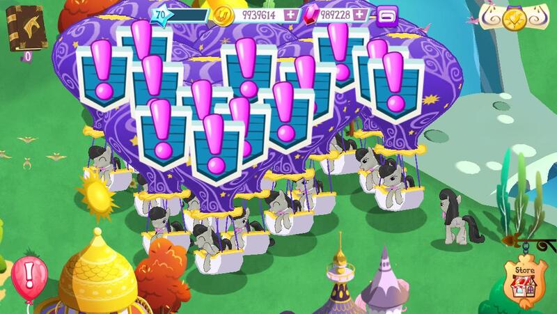 Size: 1136x640 | Tagged: balloon, canterlot, clones, derpibooru import, error, exclamation point, gameloft, gameloft clones, glitch, hot air balloon, multeity, octavia is master race, octavia melody, octaviocalypse, safe, twinkling balloon