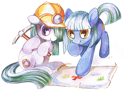 Size: 500x368 | Tagged: alternate cutie mark, artist:jiayi, blueprint, derpibooru import, hard hat, hat, helmet, limestone pie, map, marble pie, miner, mining helmet, pickaxe, safe, simple background, traditional art, treasure hunting, white background