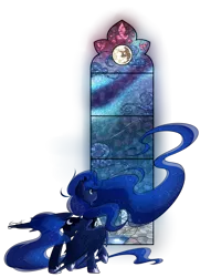 Size: 1412x1850 | Tagged: artist:secret-pony, derpibooru import, long mane, long tail, mare in the moon, moon, princess luna, raised hoof, raised leg, safe, simple background, solo, spread wings, stained glass, transparent background, wings