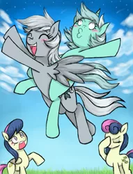 Size: 781x1023 | Tagged: dead source, safe, artist:crabmeatstick, derpibooru import, bon bon, bons away, lyra heartstrings, silverspeed, sweetie drops, oc, earth pony, pegasus, pony, unicorn, blushing, bon bon is not amused, eyes closed, facehoof, flying, happy, o3o, open mouth, pointing, ponies riding ponies, riding, smiling, spread wings, unamused, wide eyes, wings