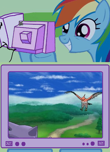 Size: 360x496 | Tagged: derpibooru import, exploitable meme, meme, obligatory pony, pokémon, pokémon x and y, rainbow dash, safe, sky battle, talonflame, tv meme