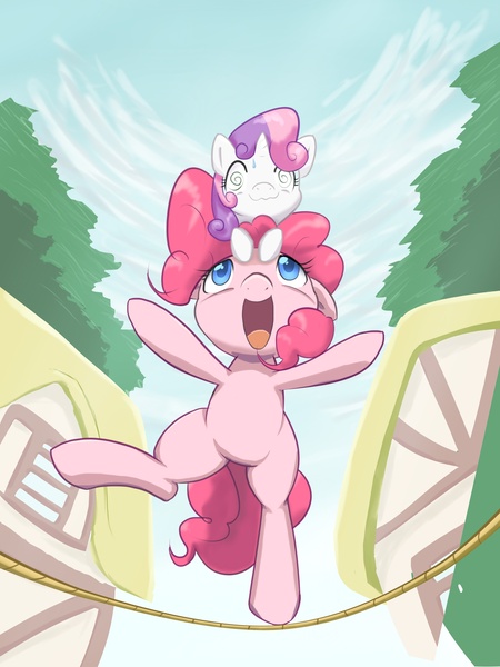 Size: 2400x3200 | Tagged: safe, artist:aymint, derpibooru import, pinkie pie, sweetie belle, pony, balance, balancing, bipedal, dizzy, drawfag, pony hat, sweat, sweatdrop, sweetiehat, swirly eyes, tightrope