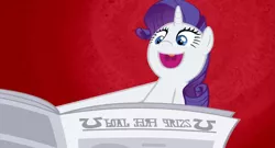 Size: 1363x738 | Tagged: derpibooru import, edit, edited screencap, i'll destroy her, inverted mouth, newspaper, ponyville confidential, rarity, safe, screencap, solo