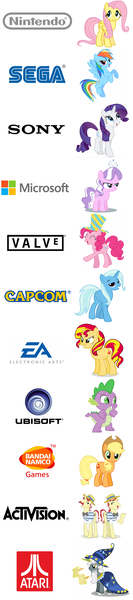 Size: 1000x4500 | Tagged: safe, derpibooru import, applejack, diamond tiara, flam, flim, fluttershy, pinkie pie, rainbow dash, rarity, spike, star swirl the bearded, sunset shimmer, trixie, pony, activision, atari, bandai namco, capcom, chart, consoles, ea, ea games, electronic arts, flim flam brothers, microsoft, nintendo, sega, simple background, sony, ubisoft, valve, video game