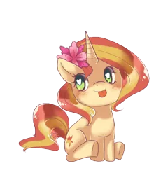 Size: 500x537 | Tagged: dead source, safe, artist:loyaldis, derpibooru import, sunset shimmer, pony, unicorn, :p, blushing, chibi, cute, flower, flower in hair, heart eyes, shimmer, shimmerbetes, sitting, smiling, solo, tongue out, underhoof, wingding eyes