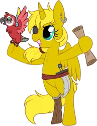 Size: 501x650 | Tagged: safe, artist:lulubell, derpibooru import, oc, oc:ticket, unofficial characters only, alicorn, bird, parrot, pony, alicorn oc, amputee, bipedal, horn, peg leg, pirate, prosthetic leg, prosthetic limb, prosthetics, simple background, solo, transparent background, wings