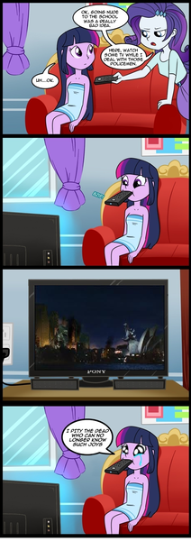 Size: 712x2012 | Tagged: safe, artist:madmax, derpibooru import, edit, rarity, twilight sparkle, kaiju, equestria girls, comic, epic, exploitable meme, godzilla, godzilla (series), godzilla final wars, meme, obligatory pony, remote, tv meme, what's wrong with this place, zilla