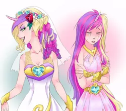 Size: 606x532 | Tagged: a canterlot wedding, artist:zoe-productions, breasts, changeling, clothes, crying, crystal heart, derpibooru import, disguise, disguised changeling, dress, duality, fake cadance, female, human, humanized, princess cadance, queen chrysalis, safe, skinny
