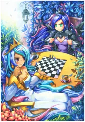 Size: 770x1102 | Tagged: artist:emperpep, breasts, checkmate, chess, cleavage, derpibooru import, food, horn, horned humanization, human, humanized, princess celestia, princess luna, safe, table, tabletop game, tea, traditional art, watercolor painting, winged humanization, wings