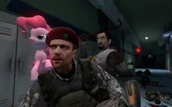 Size: 1680x1050 | Tagged: semi-grimdark, artist:pinkie diane roosevelt phd, derpibooru import, pinkie pie, pony, 3d, behind you, beret, black mesa, description is relevant, gmod, gordon freeman, h.e.c.u., half-life, half-life: opposing force, hat, micro, soldier, tiny, tiny ponies