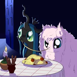 Size: 2880x2880 | Tagged: artist:full stop, derpibooru import, eating, female, food, lady and the tramp, lesbian, oc, oc:fluffle puff, parody, pasta, queen chrysalis, safe, shipping, spaghetti, spaghetti scene, table