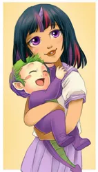Size: 292x515 | Tagged: artist:zoe-productions, baby, baby spike, brother and sister, children, clothes, derpibooru import, female, filly, filly twilight sparkle, footed sleeper, horn, horned humanization, human, humanized, male, pajamas, safe, siblings, skirt, spike, twilight sparkle, younger