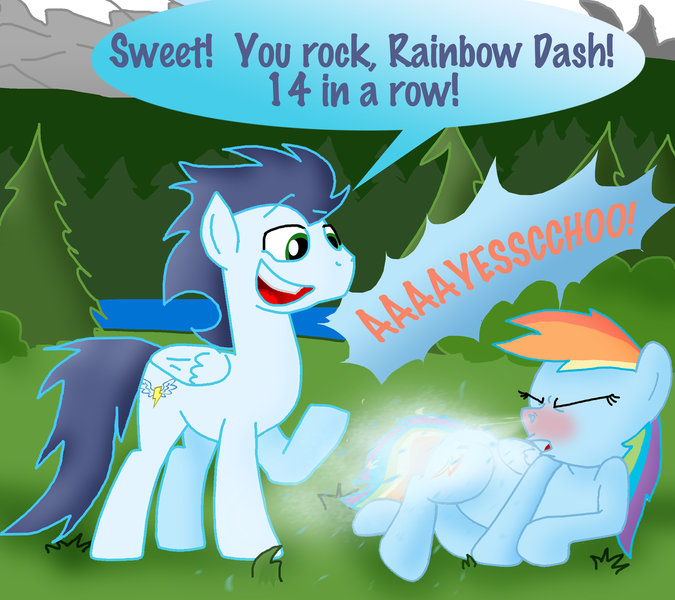 Size: 1280x1138 | Tagged: artist:ajmstudios, derpibooru import, rainbow dash, safe, sneezing, soarin'