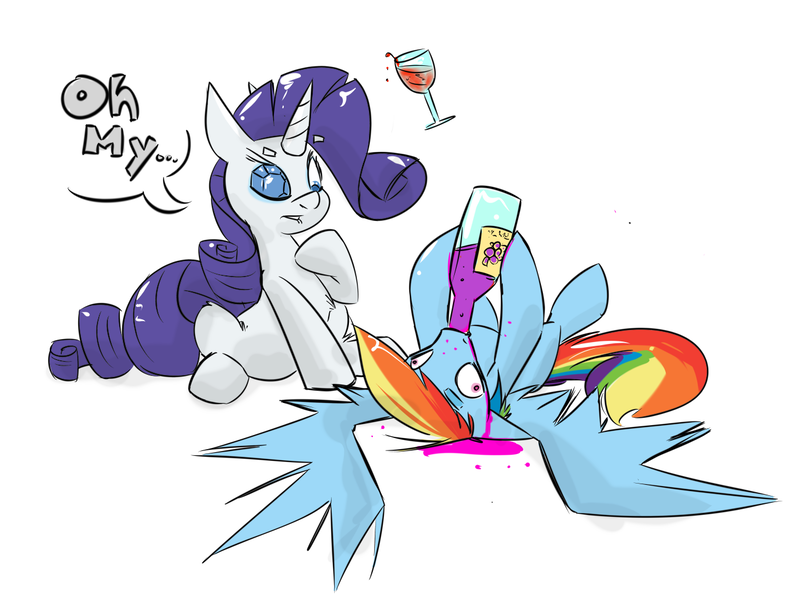 Size: 1300x972 | Tagged: alcohol, artist:cider, derpibooru import, drink, drinking, female, lesbian, messy, rainbow dash, raridash, rarity, safe, sapphire eye rarity, shipping, wine