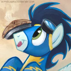 Size: 500x497 | Tagged: safe, artist:kenket, artist:spainfischer, derpibooru import, soarin', balancing, clothes, cute, food, pie, ponies balancing stuff on their nose, soarinbetes, solo, that pony sure does love pies, tongue out, uniform, wonderbolts uniform