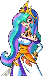 Size: 480x838 | Tagged: artist:kurus22, clothes, cute, cutelestia, derpibooru import, gloves, hair over one eye, hand on hip, human, humanized, long gloves, open mouth, princess celestia, safe, side slit, simple background, skinny, solo, white background