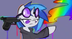 Size: 2104x1157 | Tagged: semi-grimdark, artist:whoop, derpibooru import, vinyl scratch, glock, gun, pistol, rainbow, solo, suicide, surreal, weapon