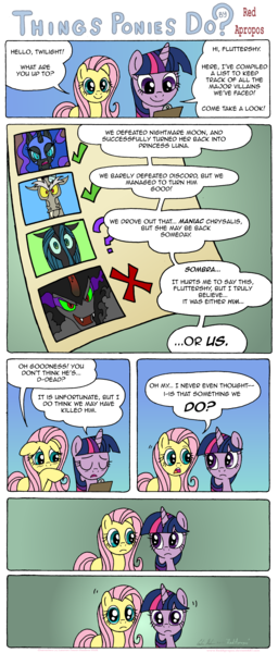Size: 2550x5976 | Tagged: artist:redapropos, checklist, comic, derpibooru import, discord, fluttershy, implied death, king sombra, nightmare moon, queen chrysalis, safe, twilight sparkle