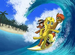 Size: 2092x1544 | Tagged: safe, artist:peichenphilip, derpibooru import, oc, oc:color boom, oc:star sparkler, oc:ticket, unofficial characters only, alicorn, pony, alicorn oc, horn, surfboard, surfing, ticketsparkler, wave, wings