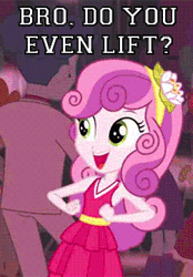 Size: 251x360 | Tagged: safe, derpibooru import, edit, edited screencap, screencap, mystery mint, sweetie belle, equestria girls, equestria girls (movie), /mlp/, animated, background human, blinking, cropped, dancing, do you even lift, grin, meme, open mouth, reaction image, smiling, solo focus
