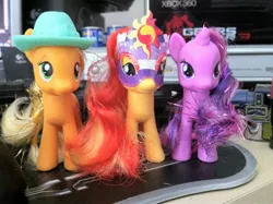 Size: 2592x1936 | Tagged: safe, derpibooru import, applejack, sunset shimmer, twilight sparkle, crystal pony, pony, brushable, brushie, irl, mask, masked shimmer, photo, toy