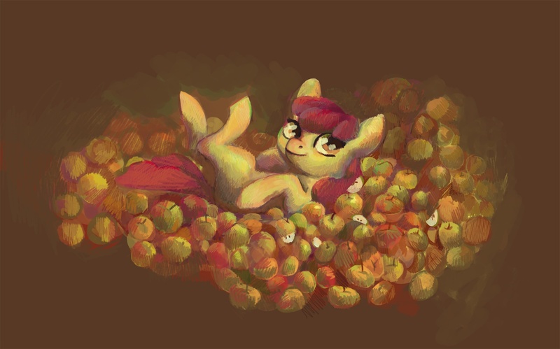 Size: 2020x1259 | Tagged: apple, apple bloom, artist:nayshie, derpibooru import, food, pile, safe, solo