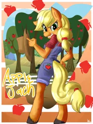 Size: 1080x1440 | Tagged: anthro, applejack, artist:annakitsun3, clothes, derpibooru import, dungarees, looking at you, looking back, overalls, safe, solo, unguligrade anthro, unshorn fetlocks