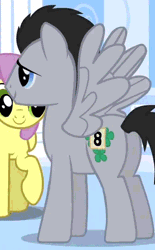 Size: 332x536 | Tagged: safe, derpibooru import, screencap, derpy hooves, lucky clover, parasol, earth pony, pegasus, pony, sonic rainboom (episode), alternative cutie mark placement, animated, animation error, butt, cropped, female, gif, inner thigh cutie mark, mare, plot, race swap