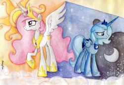 Size: 1615x1104 | Tagged: artist:nancyksu, contrast, derpibooru import, pink-mane celestia, princess celestia, princess luna, s1 luna, safe, traditional art, younger