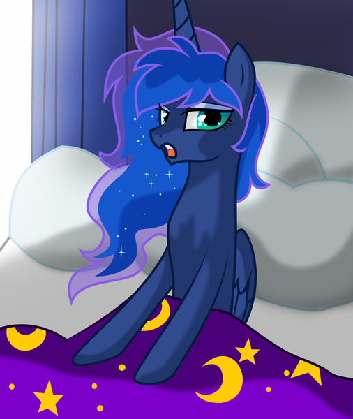 Size: 3731x4426 | Tagged: dead source, safe, artist:artitsmagic, artist:johnjoseco, derpibooru import, princess luna, alicorn, pony, ask gaming princess luna, absurd resolution, bed, bed mane, female, looking at you, mare, messy mane, morning ponies, open mouth, pillow, solo