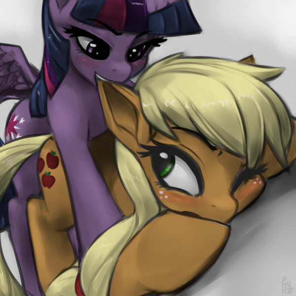 Size: 800x800 | Tagged: suggestive, artist:allosaurus, artist:phurie edits, derpibooru import, edit, applejack, twilight sparkle, twilight sparkle (alicorn), alicorn, pony, biting, blushing, colored, ear bite, face down ass up, female, lesbian, mare, one eye closed, shipping, smiling, spread wings, twijack, wings, wink
