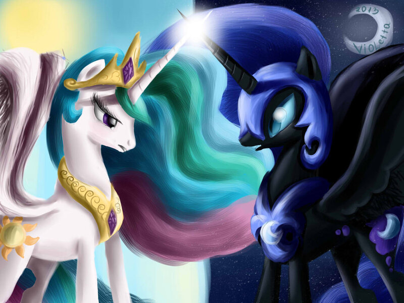 Size: 1024x768 | Tagged: artist:violetta2013, derpibooru import, nightmare moon, princess celestia, safe, source needed, useless source url