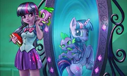 Size: 1818x1080 | Tagged: safe, artist:harwick, derpibooru import, spike, twilight sparkle, twilight sparkle (alicorn), alicorn, dog, pony, equestria girls, equestria girls (movie), butt, doggy dragondox, human ponidox, magic mirror, mirror, plot, self ponidox, spike the dog