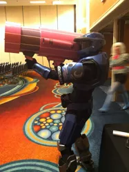 Size: 500x669 | Tagged: algedor, armor, artist:algedor, clothes, convention, convention:eqla, cosplay, costume, custom, derpibooru import, eqla, equestria la, halo (series), human, irl, irl human, party cannon, photo, pinkie launcher, princess luna, rocket launcher, safe, toy, weapon