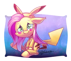 Size: 2496x2152 | Tagged: artist:jggjqm522, blushing, clothes, cosplay, costume, derpibooru import, fluttershy, nintendo, pajamas, pikachu, pokémon, safe, solo, zipper