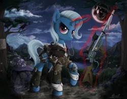Size: 2240x1750 | Tagged: safe, artist:yakovlev-vad, derpibooru import, trixie, pony, unicorn, alicorn amulet, assassin, assassin's creed, cutie mark, female, glowing horn, gun, hat, hooves, horn, knife, levitation, magic, mare, monocle, moon, night, optical sight, rifle, sniper, sniper rifle, solo, telekinesis, wanted poster, weapon