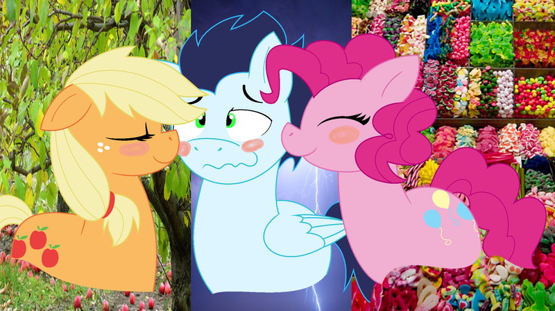 Size: 1024x574 | Tagged: applejack, artist:strawberry-spritz, derpibooru import, female, hatless, kissing, kiss on the cheek, kiss sandwich, lucky bastard, male, missing accessory, pinkie pie, safe, shipping, soarin', soarin' gets all the mares, soarinjack, soarinpie, straight