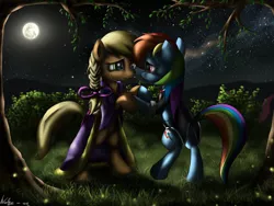 Size: 4000x3000 | Tagged: safe, artist:neko-me, derpibooru import, applejack, rainbow dash, firefly (insect), insect, appledash, beautiful, bottomless, clothes, crying, dancing, dress, duo, female, lesbian, moon, moonlight, night, partial nudity, shipping, tuxedo