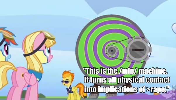 Size: 602x342 | Tagged: semi-grimdark, suggestive, derpibooru import, edit, edited screencap, screencap, meadow flower, rainbow dash, spitfire, pegasus, pony, /mlp/, >rape, butt, caption, dizzitron, female, image macro, mare, plot, text