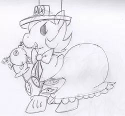 Size: 930x860 | Tagged: safe, artist:fluffysnail, derpibooru import, ponified, pony, bomb, george, monochrome, peacock (skullgirls), redraw, skullgirls, solo, weapon