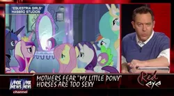 Size: 845x466 | Tagged: safe, derpibooru import, screencap, fluttershy, princess cadance, princess celestia, princess luna, rainbow dash, rarity, spike, human, equestria girls, equestria girls (movie), fox news, irl, irl human, photo, red eye