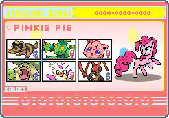 Size: 246x172 | Tagged: artist:seaandsunshine, delibird, derpibooru import, jigglypuff, kricketune, ludicolo, maractus, pinkie pie, pokémon, safe, sandile, trainer card