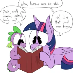 Size: 700x700 | Tagged: safe, artist:karpet-shark, derpibooru import, spike, twilight sparkle, twilight sparkle (alicorn), alicorn, pony, twily-daily, book, dialogue, female, mare, reading, tempting fate