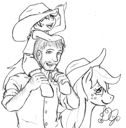 Size: 1478x1500 | Tagged: applejack, artist:dj-black-n-white, carrying, daughter, derpibooru import, family, father, father's day, female, hat, human, husband, male, monochrome, mother, oc, oc:anon, oc:cinnamon cider, parent:applejack, riding, safe, satyr, wife