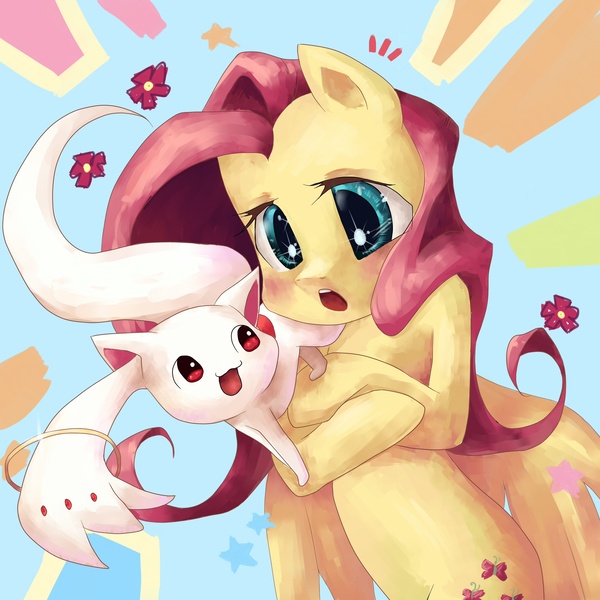 Size: 3000x3000 | Tagged: safe, artist:my-magic-dream, derpibooru import, fluttershy, pegasus, pony, crossover, incubator (species), kyubey, kyubeyshy, puella magi madoka magica, voice actor joke