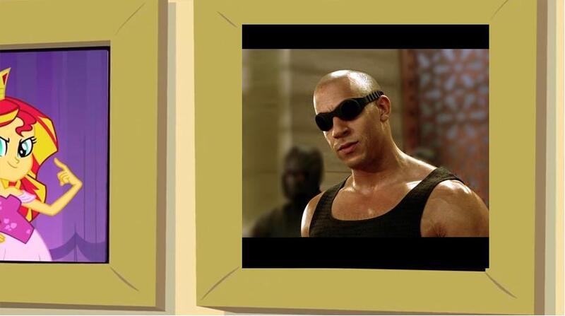 Size: 901x503 | Tagged: safe, derpibooru import, edit, edited screencap, screencap, sunset shimmer, equestria girls, equestria girls (movie), exploitable meme, meme, prom queen meme, riddick, the chronicles of riddick, vin diesel