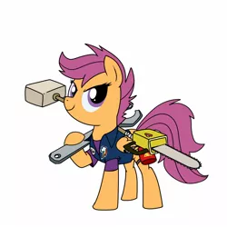 Size: 1500x1500 | Tagged: safe, artist:madmax, derpibooru import, scootaloo, pony, blowtorch, chainsaw, clothes, dead rising, dead rising 3, hammer, parody, rainbow dash's cutie mark, sledgehammer, solo, wrench