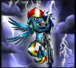 Size: 1024x911 | Tagged: semi-grimdark, artist:cheecatkatfury, derpibooru import, rainbow dash, soarin', blood, female, flying, hug, injured, male, shipping, soarindash, straight, thunderstorm