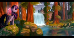 Size: 4998x2582 | Tagged: safe, artist:vardastouch, derpibooru import, twilight sparkle, twilight sparkle (alicorn), alicorn, pony, book, female, magic, mare, scenery, solo, waterfall